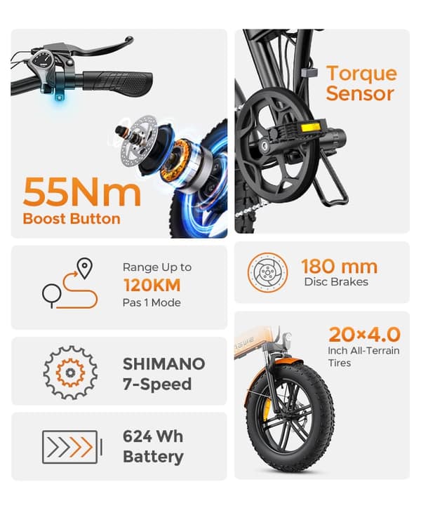 ENGWE EP-2 Boost Hopfällbar Elcykel, 20''* 4'' Terrängdäck, 48V13Ah Löstagbart Batteri, Räckvidd Upp till 120 km