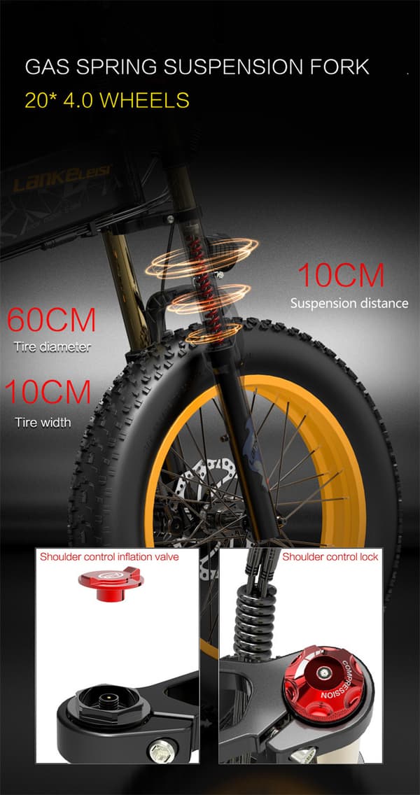 Taittuva sähköpyörä LANKELEISI X3000Plus, moottori 48V 1000W, 17.5Ah akku, 20" maastoajoon