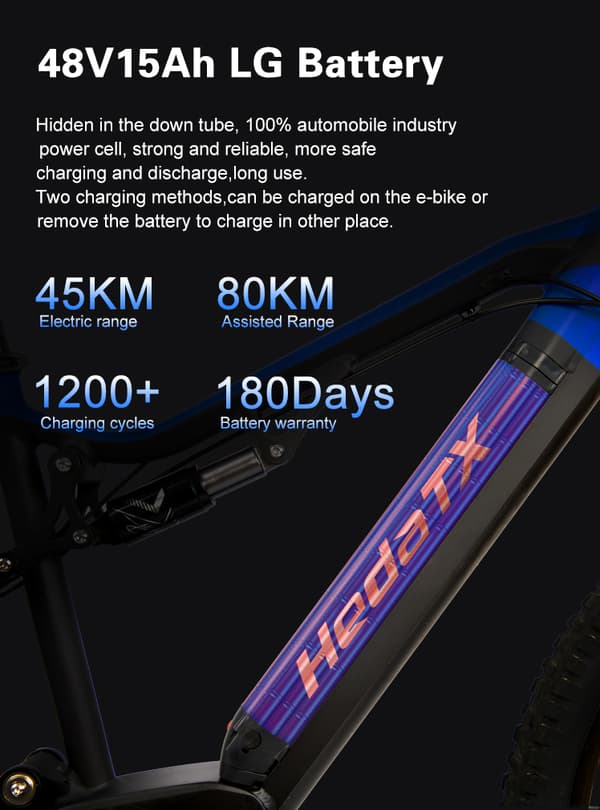 Sähkömaastopyörä HedaTX TX11, 27.5", 500 W keskiajomoottori, 48 V 15 Ah akku