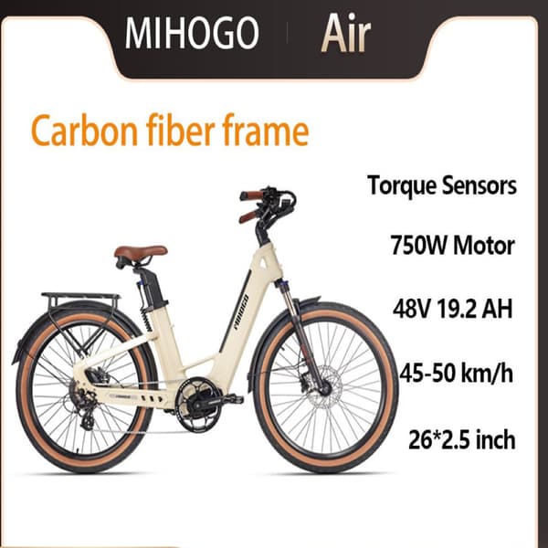 MIHOGO Air sähköpyörä, 750 W moottori, 19,2 Ah akku, kaksoisvarret vääntömomenttianturilla, 7 vaihdetta, 26'' * 2,5 renkaat, hiilikuiturunko