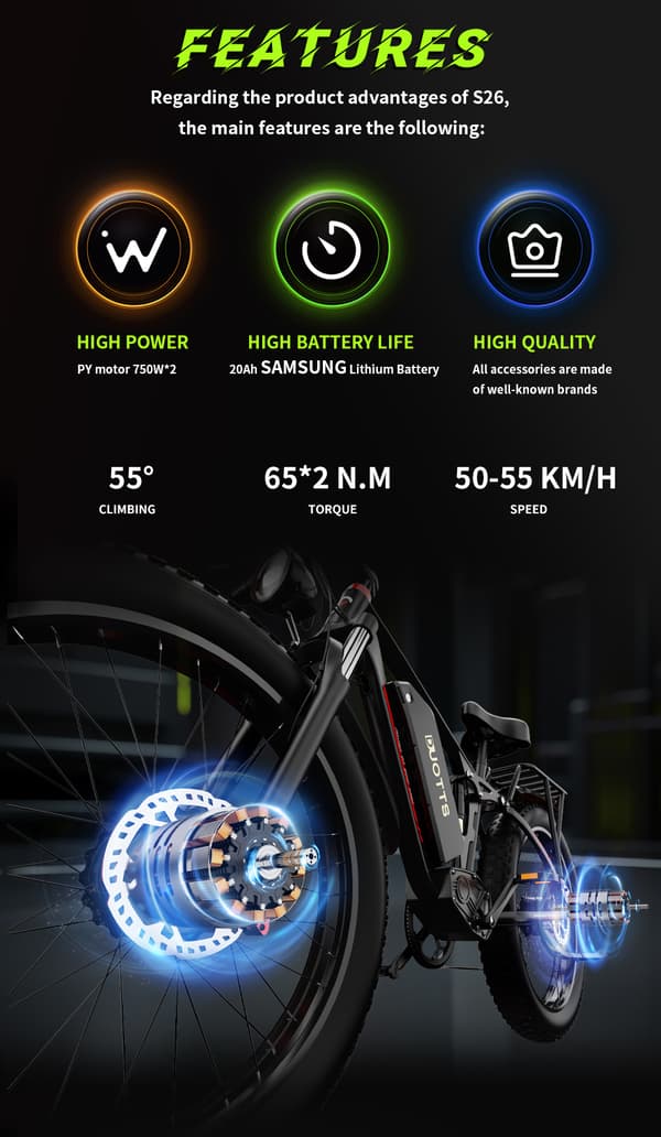 DUOTTS S26 elektrisk cykel mountainbike med 750W * 2 dobbelte motorer, 20AH Samsung batteri giver rækkevidde 60-120 km elektrisk cykel