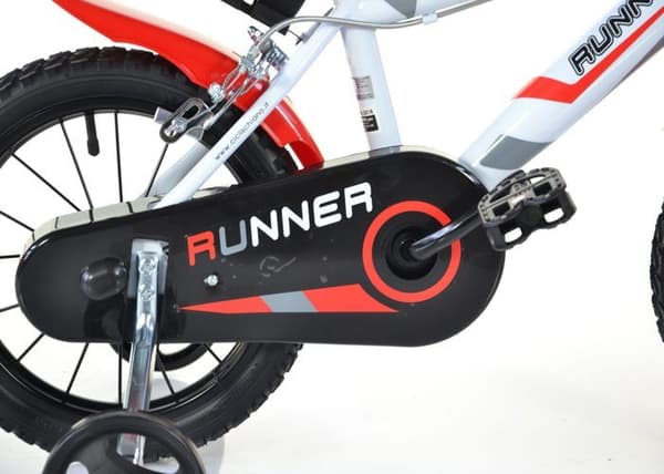 SCH RUNNER 14'', cykel för barn, lämpad för barn 4 till 6 år, med en längd på 100 till 120 cm, med cykelsignal och vattenflaska, röd