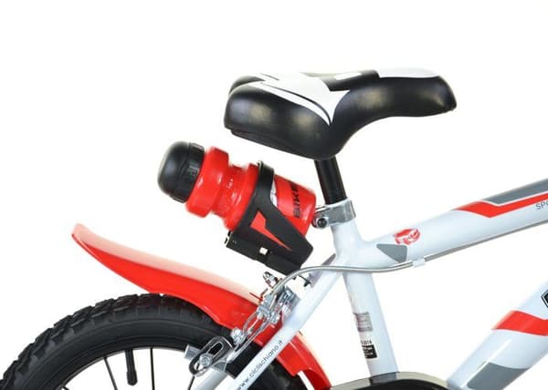 SCH RUNNER 14'', cykel för barn, lämpad för barn 4 till 6 år, med en längd på 100 till 120 cm, med cykelsignal och vattenflaska, röd