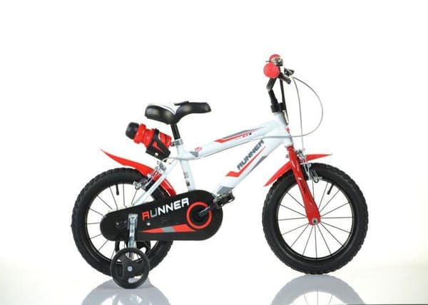 SCH RUNNER 14'', cykel för barn, lämpad för barn 4 till 6 år, med en längd på 100 till 120 cm, med cykelsignal och vattenflaska, röd