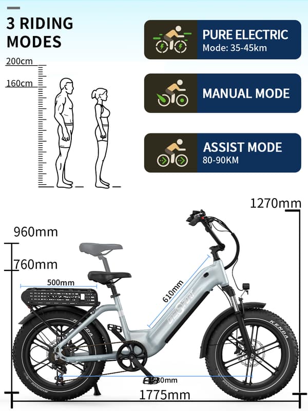 OneSport OT08 elcykel 500W,48V 18Ah batteri,20"*4.0 fettdäck, räckvidd 80-90km,hydraulisk skivbroms fram och bak,Shimano 7 växlar