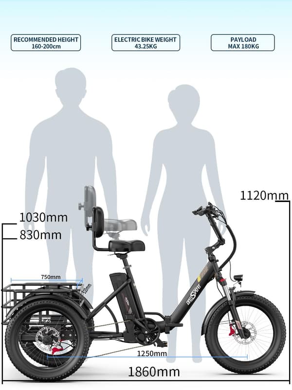 OneSport OT30 Pro trehjulig vikbar elcykel 20" ,500W, 18AH batteri, räckvidd 80-90km, Shimano 7-växlad, maximal belastning 180kg