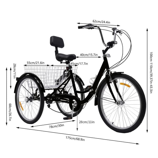 24 Tommer Voksen Tricycle, Justerbar Sædehøjde, 7-Trins Gearsystem,Sort