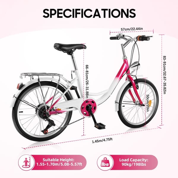 20-tums cykel, växlar, lastkapacitet 90 kg,6, rosa