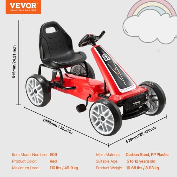 Børne Pedal Go Kart, Justerbart Sæde, Op til 50 kg Belastning, Sikkerhedsfunktioner,Rød