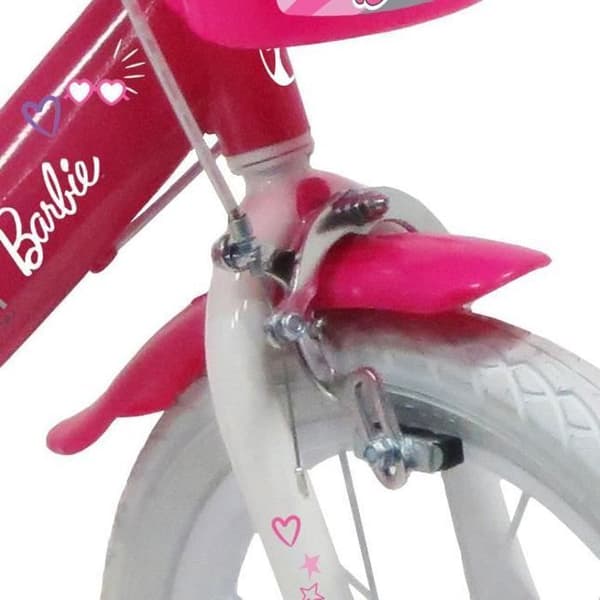 14'' BARBIE barncykel för flickor (storlek 90 till 105 cm) utrustad med 2 bromsar, dockhållare och främre korg (OFFICIELL SÄLJARE EDEN BIKES)