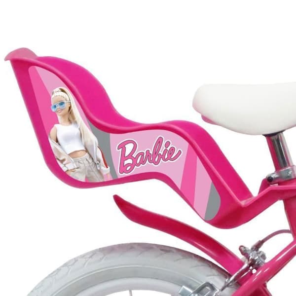 14'' BARBIE barncykel för flickor (storlek 90 till 105 cm) utrustad med 2 bromsar, dockhållare och främre korg (OFFICIELL SÄLJARE EDEN BIKES)