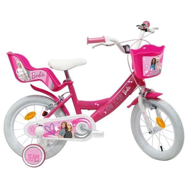 14'' BARBIE barncykel för flickor (storlek 90 till 105 cm) utrustad med 2 bromsar, dockhållare och främre korg (OFFICIELL SÄLJARE EDEN BIKES)