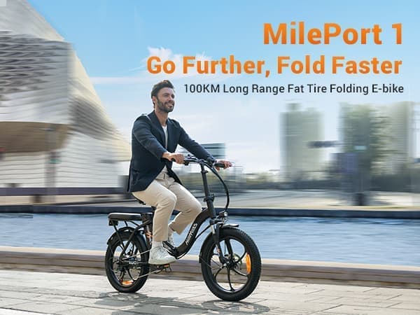 HILLMILES MilePort 1 Straddle Elcykel: 80-100 km PAS-räckvidd, 20" breda däck, Shimano 7-växlad växellåda, IPX4 – Stadspendling