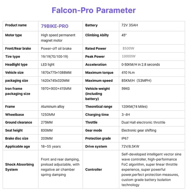 79BIKE Falcon Pro, 10 kW motor, 72V 35Ah batteri, räckvidd 120 km, toppfart 85 km/h,Elektrisk Dirt Bike- Svartlila