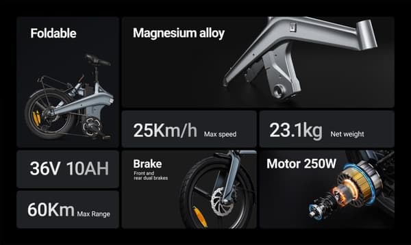 1,843/5,000 DYU T1 magnesium taitettava sähköpyörä | 55 km:n toimintasäde ja 22,5 kg:n paino - 250 W:n työmatkapyörä 20" All-City-renkailla