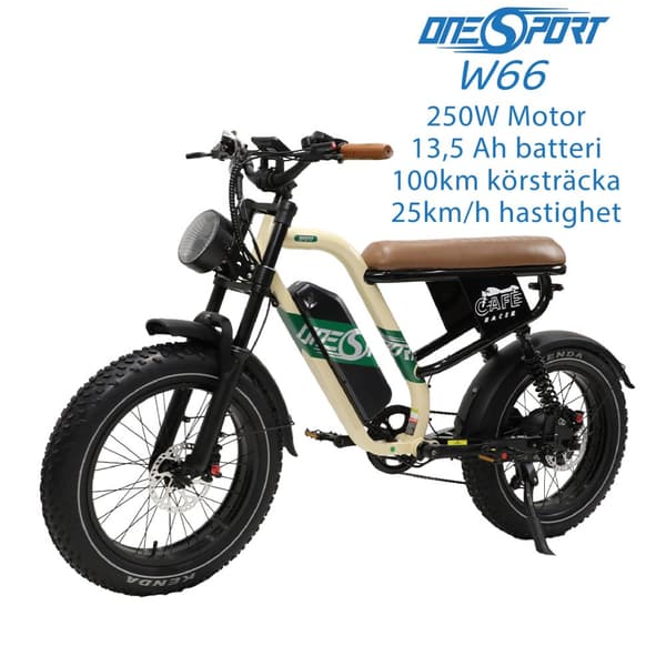ONESPORT W66 13,5AH batteri, 100 km räckvidd, 500W motor, 25 km/h hastighet, 20*4,0 tum däck, elcykel