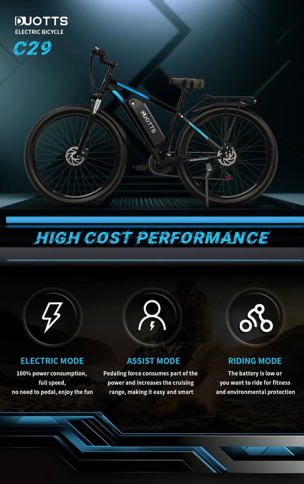 DUOTTS C29 15AH batteri, 100 km räckvidd, 750W motor, 50 km/h hastighet, SHIMANO 21 växlar, elcykel