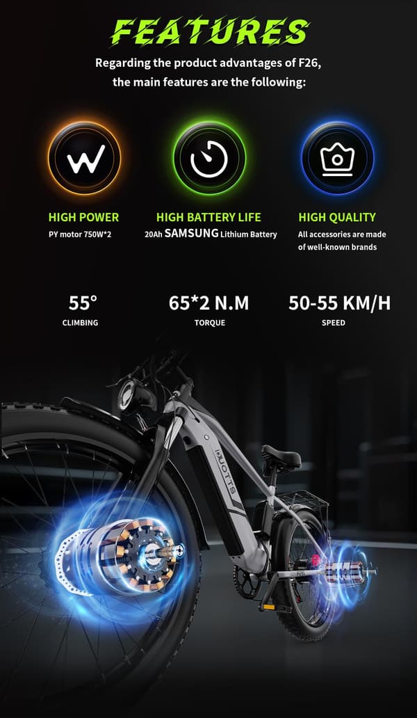 DUOTTS F26 2*750W motor, 20AH batteri, 120 km räckvidd, SHIMANO 7-växlad, hydrauliska skivbromsar, elcykel
