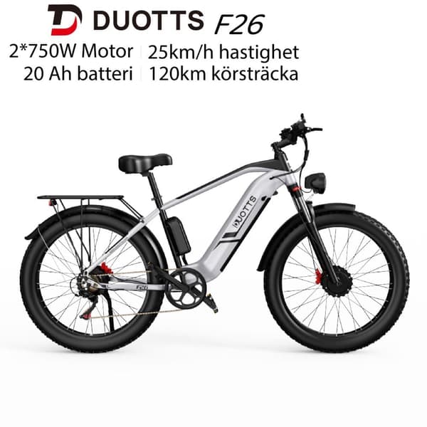 DUOTTS F26 20AH batteri, 2*750W motor, 120 km räckvidd, SHIMANO 7-växlad, hydrauliska skivbromsar, elcykel