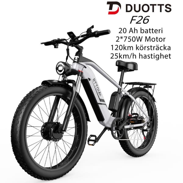DUOTTS F26 20AH batteri, 120 km räckvidd, 2*750W motor, SHIMANO 7-växlad, hydrauliska skivbromsar, elcykel