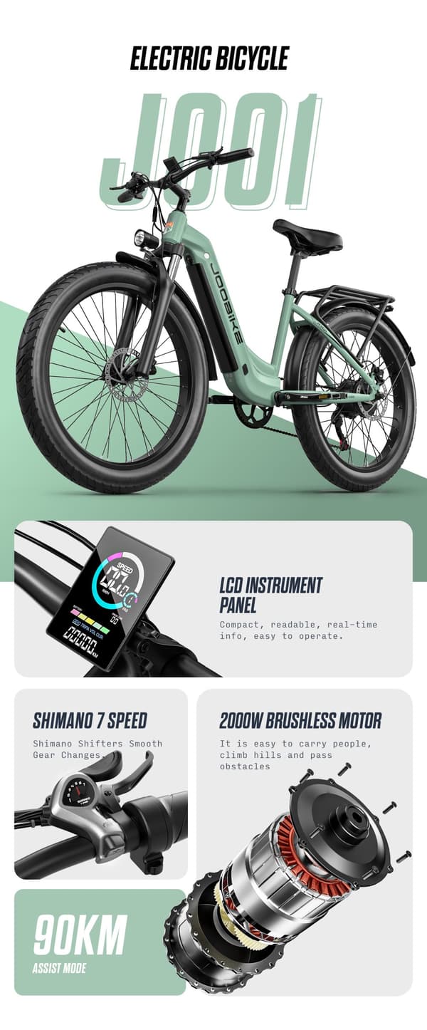 JOOBIKE J001 elcykel: 1000W motor, 90 km rækkevidde, off-road og pendler elcykel med Shimano 7-trins gear og LCD-skærm