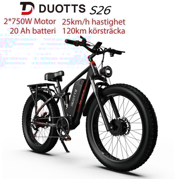 DUOTTS S26 20AH batteri, 2*750W motor, 120 km räckvidd, SHIMANO 7-växlad, hydrauliska skivbromsar, elcykel