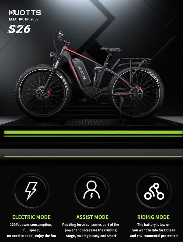 DUOTTS S26 elektrisk cykel 26", 750W*2 dobbelte motorer, 48V20AH Samsung-batteri, rækkevidde 40-120 km, Shimano 7-trins, tre køretilstande