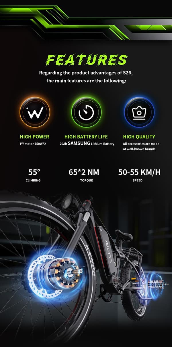 DUOTTS S26 elektrisk cykel 26", 750W*2 dobbelte motorer, 48V20AH Samsung-batteri, rækkevidde 40-120 km, Shimano 7-trins, tre køretilstande