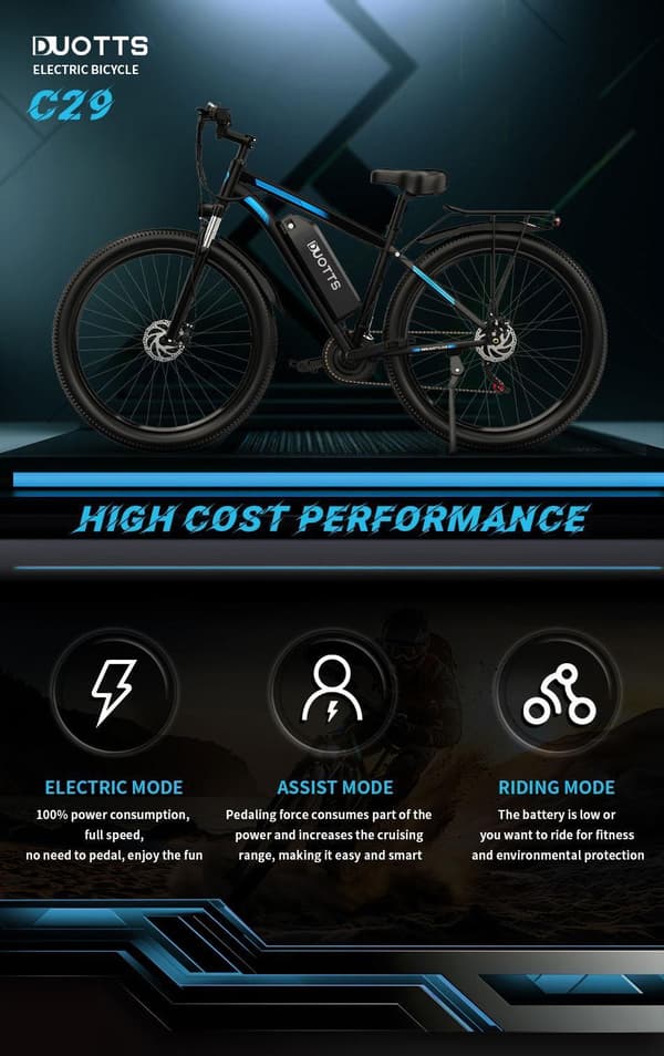 DUOTTS C29 elcykel: 750 W motor, 48 V 15 Ah batteri, terräng, för vuxna, IPX5, räckvidd 50–100 km, 29" däck, 29" aluminiumram