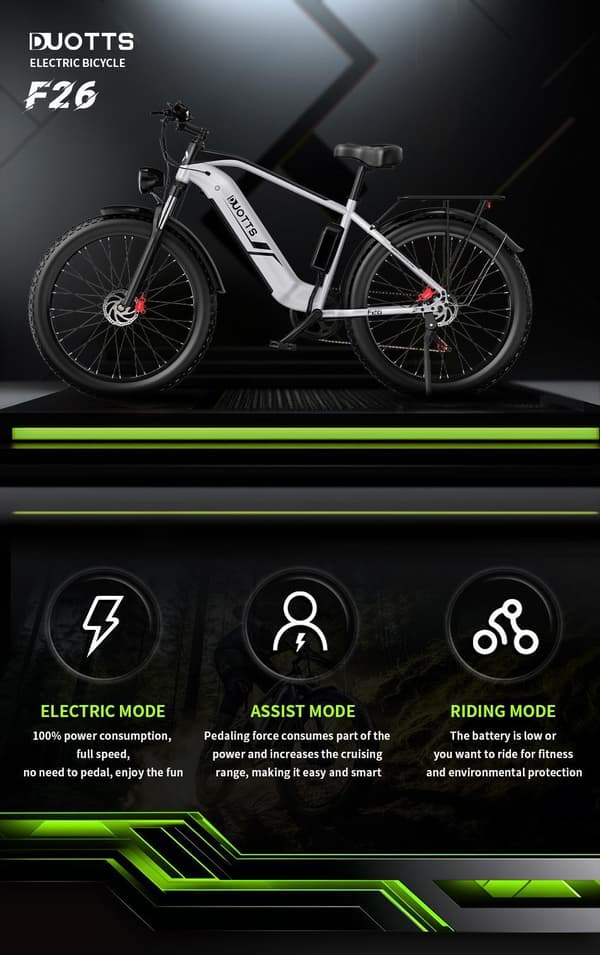 DUOTTS F26 Elcykel: 750W*2 Dubbla Motorer, 48V 20Ah Samsung Batteri, 26-tums Breda Däck, 120 km Räckvidd, IP65 Vattentäthet