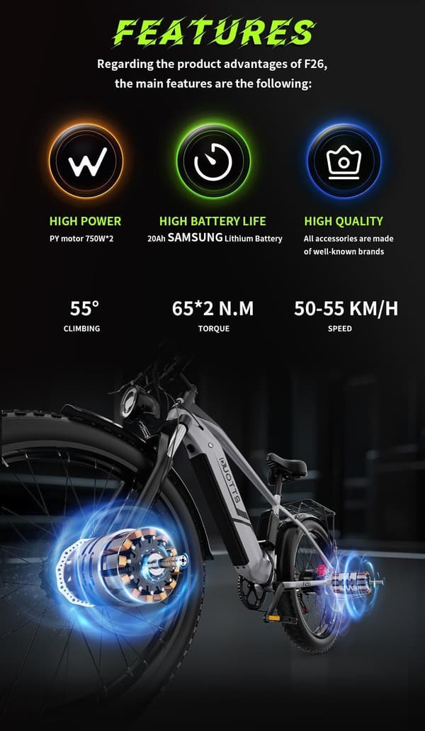 DUOTTS F26 Elcykel: 750W*2 Dubbla Motorer, 48V 20Ah Samsung Batteri, 26-tums Breda Däck, 120 km Räckvidd, IP65 Vattentäthet