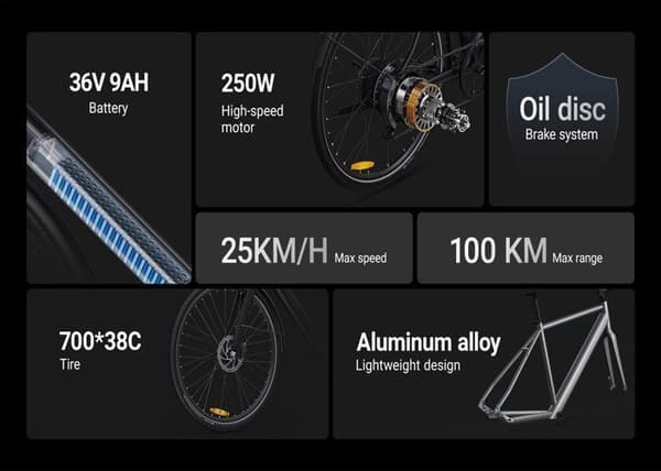Lätt stads elcykel i aluminium DYU Stroll 1 – Räckvidd 100 km, motor 36 V 250 W, däck 700C – Svart