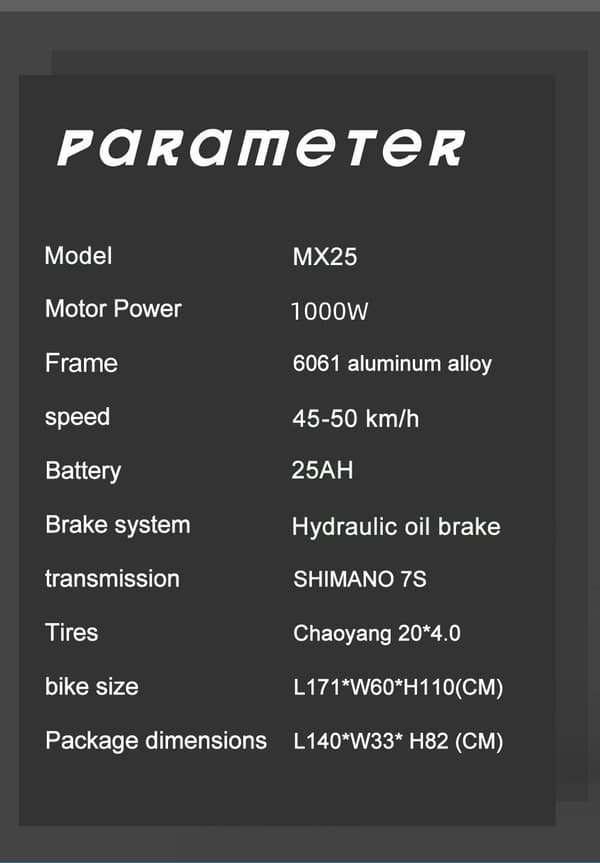 GUNAI MX25 elcykel 25AH batteri, 1000W motor, 60km räckvidd, 50km/h hastighet, 20*4.0 tums fettdäck, hydraulisk oljebroms