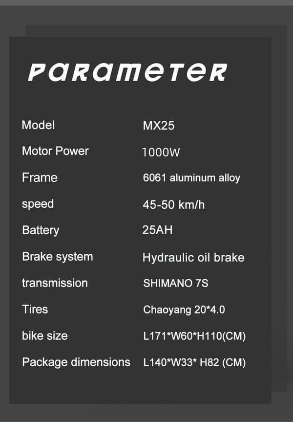 GUNAI MX25 elcykel 1000W motor, 60km räckvidd, 25AH batteri, 50km/h hastighet, 20*4.0 tums fettdäck, hydraulisk oljebroms