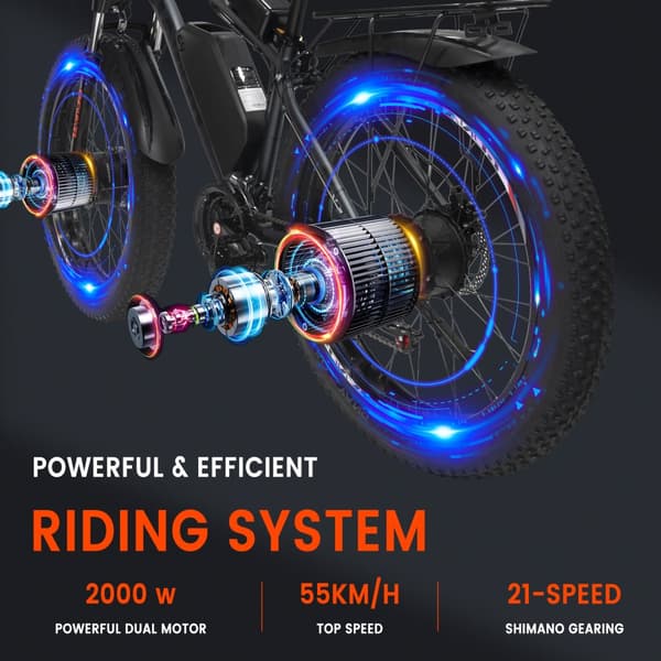 GUNAI GN88 elcykel 2*1000W motor, 22AH batteri, 100km räckvidd, 55km/h hastighet, 26*4.0 tums fatdäck, SHIMANO 21-växlad, hydraulisk oljebroms