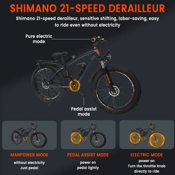 GUNAI GN88 elcykel 2*1000W motor, 22AH batteri, 100km räckvidd, 55km/h hastighet, 26*4.0 tums fatdäck, SHIMANO 21-växlad, hydraulisk oljebroms