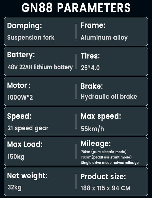 GUNAI GN88 elcykel 2*1000W motor, 22AH batteri, 100km räckvidd, 55km/h hastighet, 26*4.0 tums fatdäck, SHIMANO 21-växlad, hydraulisk oljebroms