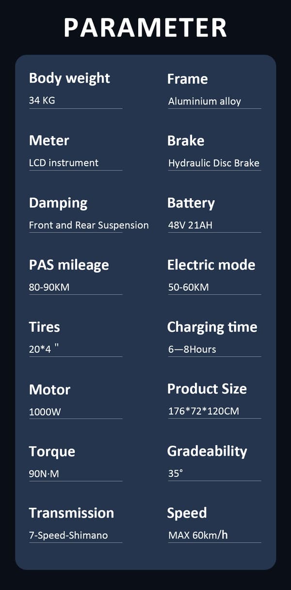 GUNAI T elcykel 21AH batteri, 90km räckvidd, 1000W motor, 60km/h hastighet, 20*4.0 tums fatdäck, SHIMANO 7-växlad, hydraulisk oljebroms
