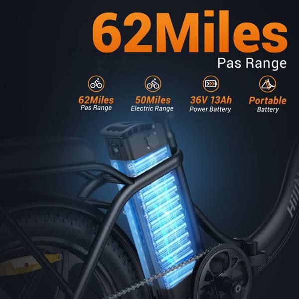 Fällbar elcykel Hillmiles MilePort 1 - Räckvidd 60 km - Motor 250 W - Batteri 36V13Ah - Däck 20 tum - VTC-cykel - Svart