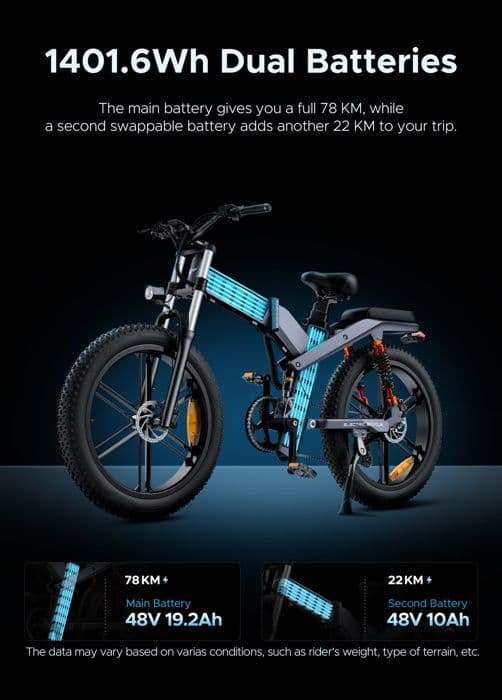 ENGWE X26 - Elcykel, 1000W 48V29.2AH/ 8 Växlar - Topp 31mph, 26" × 4.0 Breddäck, Räckvidd 100km - Svart