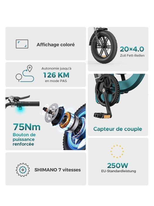 ENGWE L20 BOOST - Elektrisk cykel 20" - Räckvidd 140 km - Avtagbart batteri 48V13Ah - Motor 250W - 7 växlar - VTC Fat bike, Svart