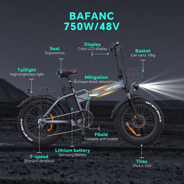 DRVETION AT20 elcykel 10AH batteri, 750W motor, 70 km räckvidd, 25 km/h hastighet, 20*4,0 tums fatdäck, SHIMANO 7 växlad - svart och grå