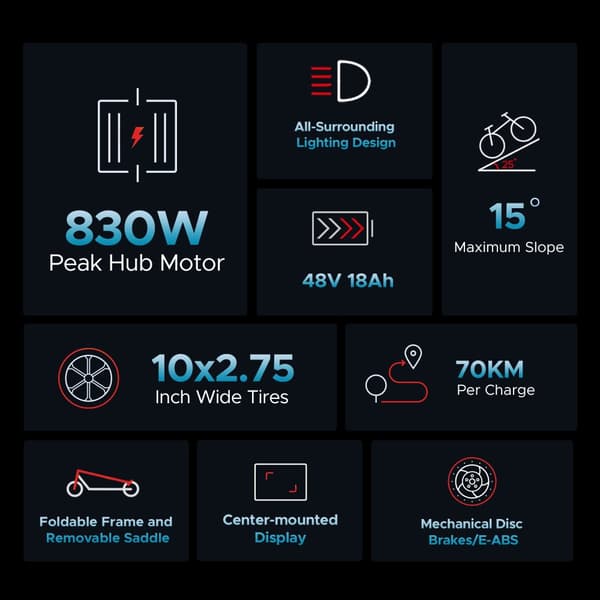 ENGWE Y600s elektrisk skoter, 830W motor, 10x4.0 däck, 70km räckvidd, 28Nm vridmoment, 48V18AH batteri, lutning 15° - smidig för stad och kullar