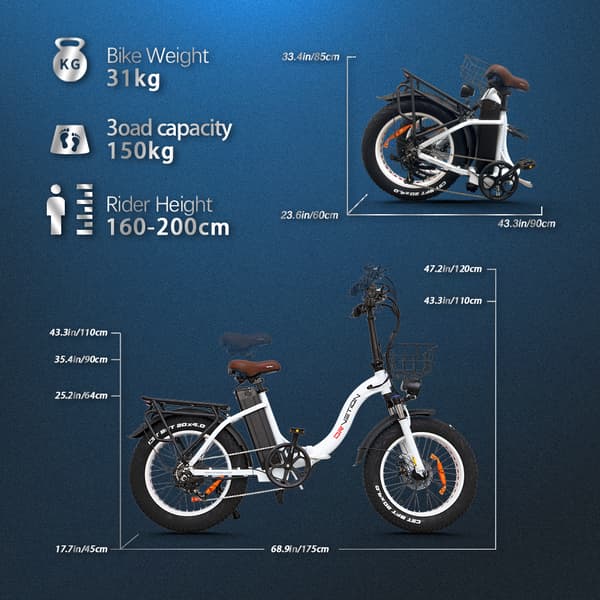 DRVETION CT20 elcykel 15AH batteri, 80 km räckvidd, 750W motor, 25 km/h hastighet, 20*4,0 tums fatdäck, SHIMANO 7 växlad - vit