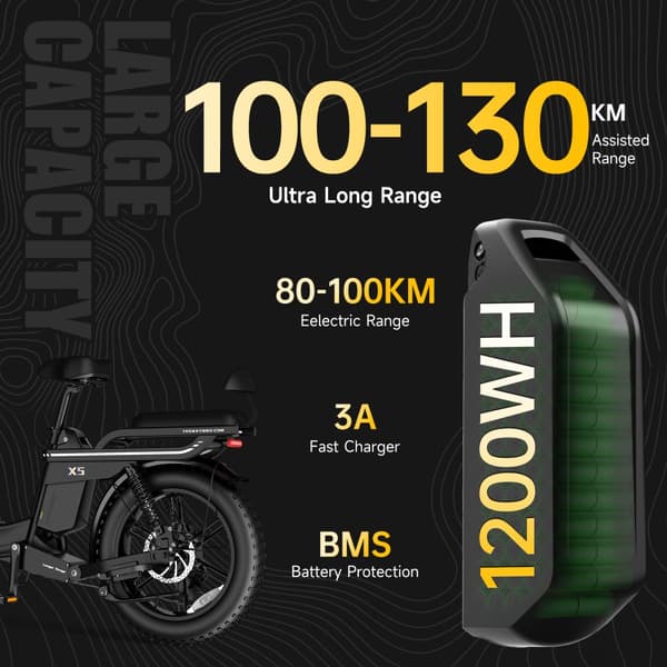 TESWAY X5 hopfällbar elcykel 25AH batteri, 750W motor, 130 km räckvidd, 20*4,0 tums fatdäck, SHIMANO 7-växlad - Svart