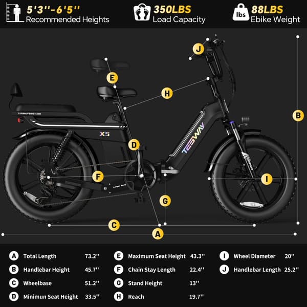 TESWAY X5 hopfällbar elcykel 750W motor, 130 km räckvidd, 25AH batteri, 20*4,0 tums fatdäck, SHIMANO 7-växlad - Svart