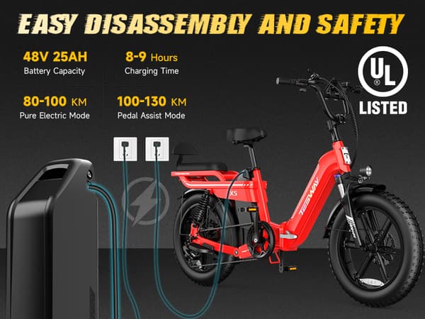 TESWAY X5 hopfällbar elcykel 25AH batteri, 750W motor, 130 km räckvidd, 20*4,0 tums fatdäck, SHIMANO 7-växlad - Röd
