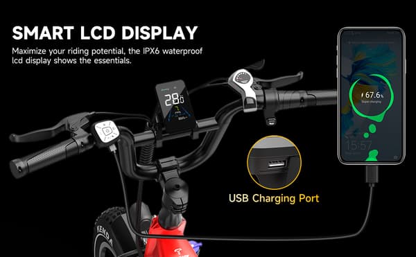 TESWAY X5 hopfällbar elcykel 25AH batteri, 750W motor, 130 km räckvidd, 20*4,0 tums fatdäck, SHIMANO 7-växlad - Röd