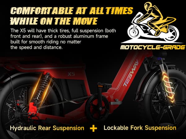 TESWAY X5 hopfällbar elcykel 25AH batteri, 750W motor, 130 km räckvidd, 20*4,0 tums fatdäck, SHIMANO 7-växlad - Röd