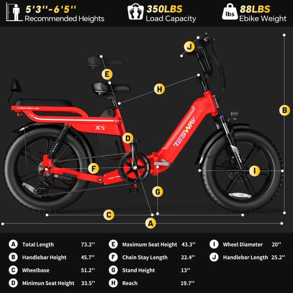 TESWAY X5 hopfällbar elcykel 25AH batteri, 750W motor, 130 km räckvidd, 20*4,0 tums fatdäck, SHIMANO 7-växlad - Röd